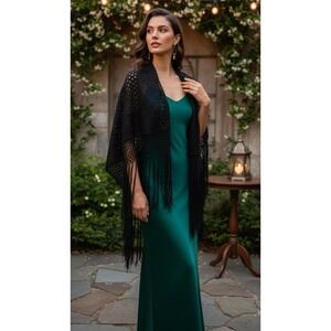 Adrienne Vittadini Open Front Cover Up Crochet Fringe Shawl Collar Poncho Black